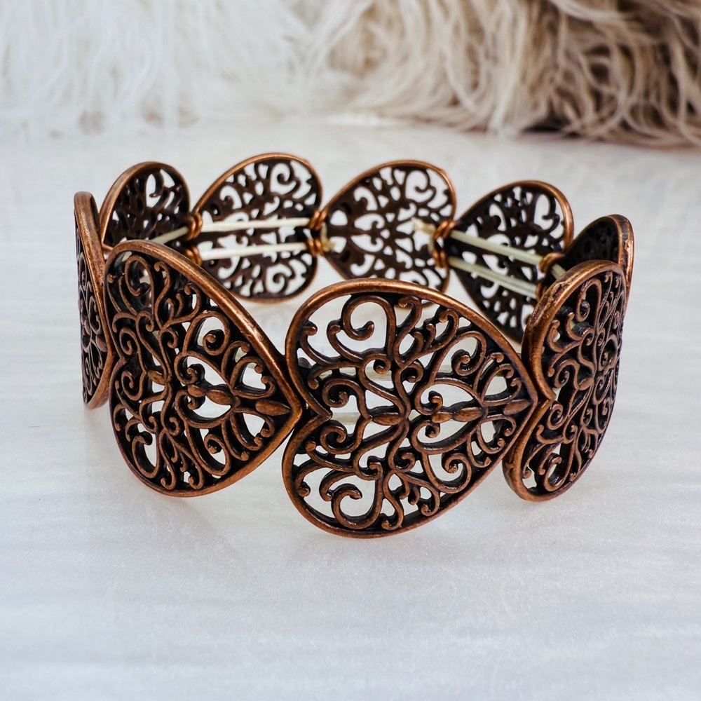 Copper tone Heart Filigree Stretch Bracelet - Picture 10 of 14